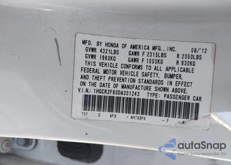 2013 Honda Accord Ex-L from USA, damaged, VIN 1HGCR2F80DA001243